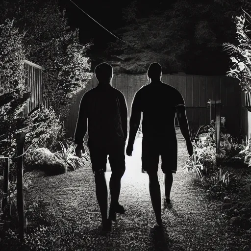 Image similar to A dark photo of two men in a garden at night walking towards a small wooden garden shed