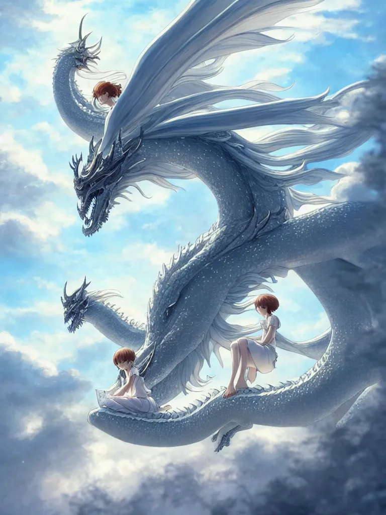 Image similar to the beautiful hyper detailed big scene render that a beautiful princess sitting on the back of a huge silver white dragon alone in fairyland surrounded by white clouds, finely detailed angelic face delicate features, style of studio ghibli, makoto shinkai, raphael lacoste, artgerm, karol bak, kazuki tanahashi, james jean, ross tran, ultra wide angle