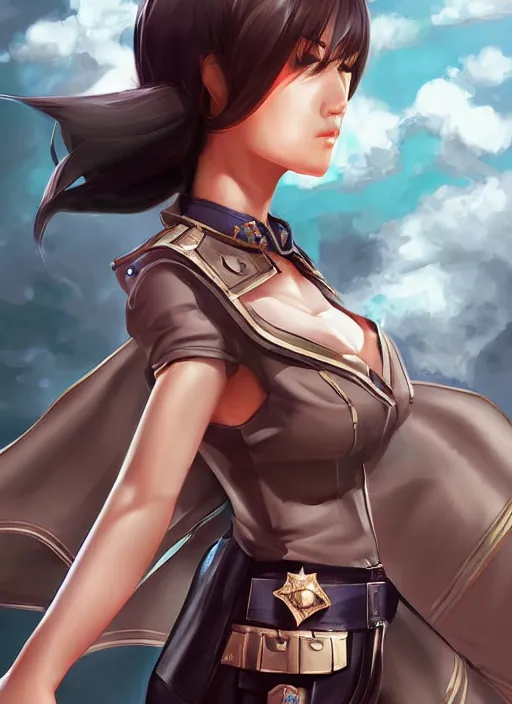 Image similar to full size persona, female sheriff, global lighting, detail, ultra sharpness, beautiful female, detailed face, art by huyy nguyen, by anime style