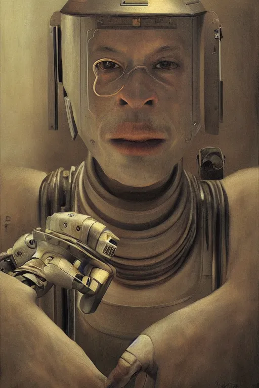 Image similar to robot monk painting a self - portrait on a canvas. intricate, highly detailed, photorealistic, film still, by vdragan bibin.