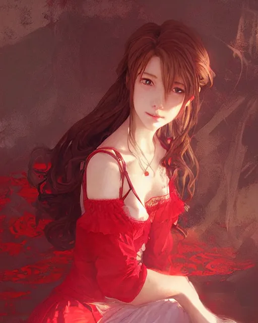 Image similar to aerith gainsborough in red lace skirt, portrait, illustration, rim light, top light, perfectly shaded, soft painting, art by krenz cushart and wenjun lin