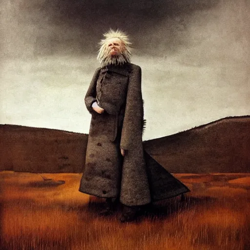 Image similar to Portrait Portrait of the Nimbus Cloud King emerging from poofy marshmallow coat whilst standing atop a cloud-covered mountain peak paul klee andrew wyeth edawrd hopper tom bagshaw stanton feng bastien lecouffe-deharme tombow oil painting