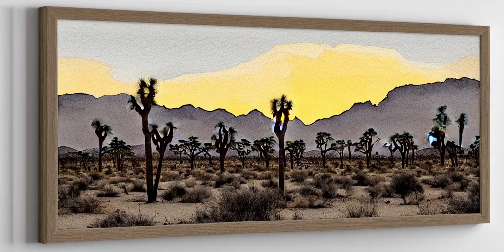 Image similar to hyper detailed Joshua tree desert watercolor painting, boho, mid century, modern, beige and Grey sunset, finely detailed, hd, 8k minimalism, edge to edge, 8k