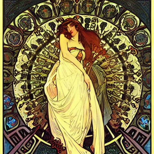 Image similar to keeper of secrets by alphonse mucha