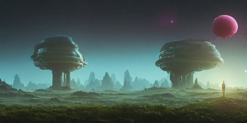 Image similar to an amazing alien landscape, digital art, breathtaking, extremely detailed, digital paintinghyperrealistic, dynamic lighting, particles, unreal engine, simon stålenhag, rendered by Beeple, Makoto Shinkai, syd meade, simon stålenhag, environment concept, trending on artstation, octane render, 4K UHD image