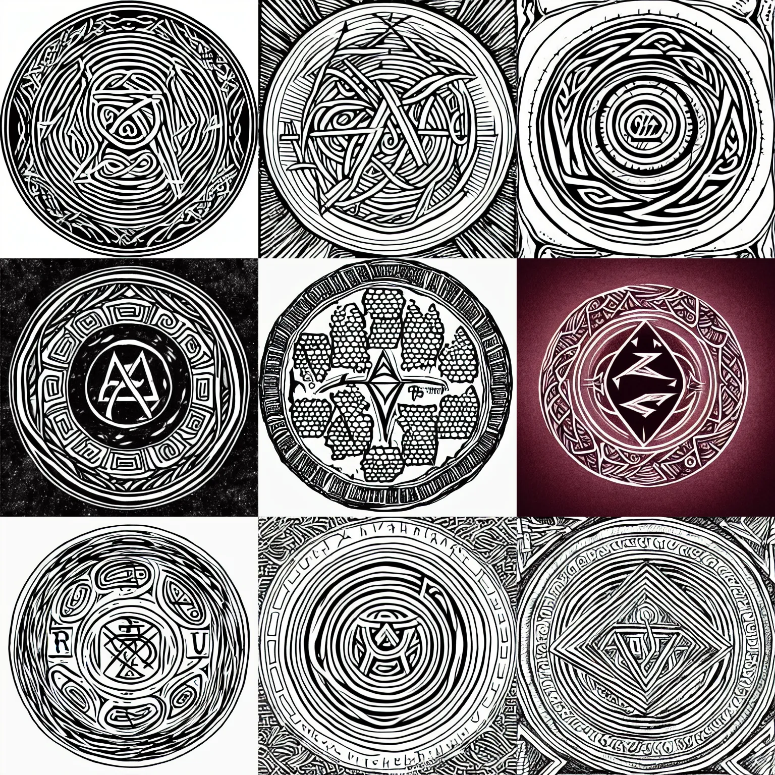 Prompt: magical wizard mystic secret rune circle, line art