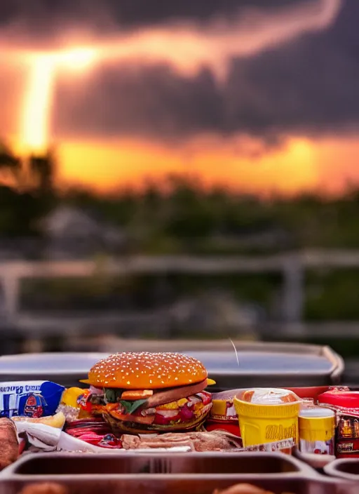 Image similar to a cinematic photograph of junkfood, at sunset, ultra detailed, realistic, beautiful lightning, golden hour time, 8 k, high depth field