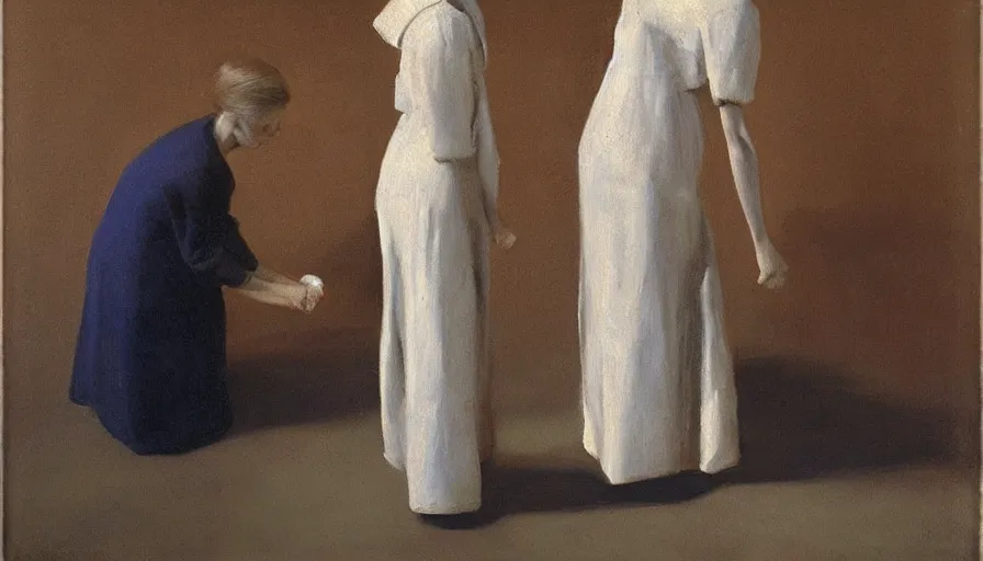 Image similar to painting by borremans, a man and woman with vase instead of the head, detailed, stunning