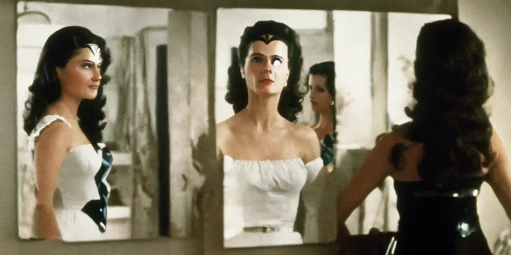 Image similar to ultra wide angle photo of young linda carter dressed in a white blouse and black dress pants as diana prince looking at herself in a bathroom mirror and seeing her reflection as wonder woman