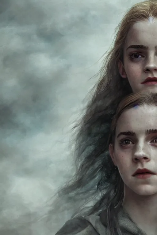 Image similar to a mix of of emma watson, anya taylor - joy and hermione granger, evil sorceress witch, lotr, movie still, hyperrealism, octane render, extremely detailed, intricate smoke magic, lace, style of mark ryden, earl nore, hyung tae, frank frazetta