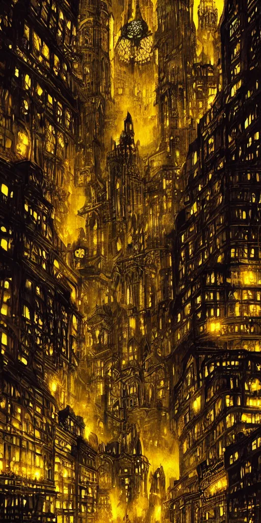 Prompt: gotham city, bright yellow lights, gothic architecture, hyper detailed and intricate, artstation, greg ruthowski