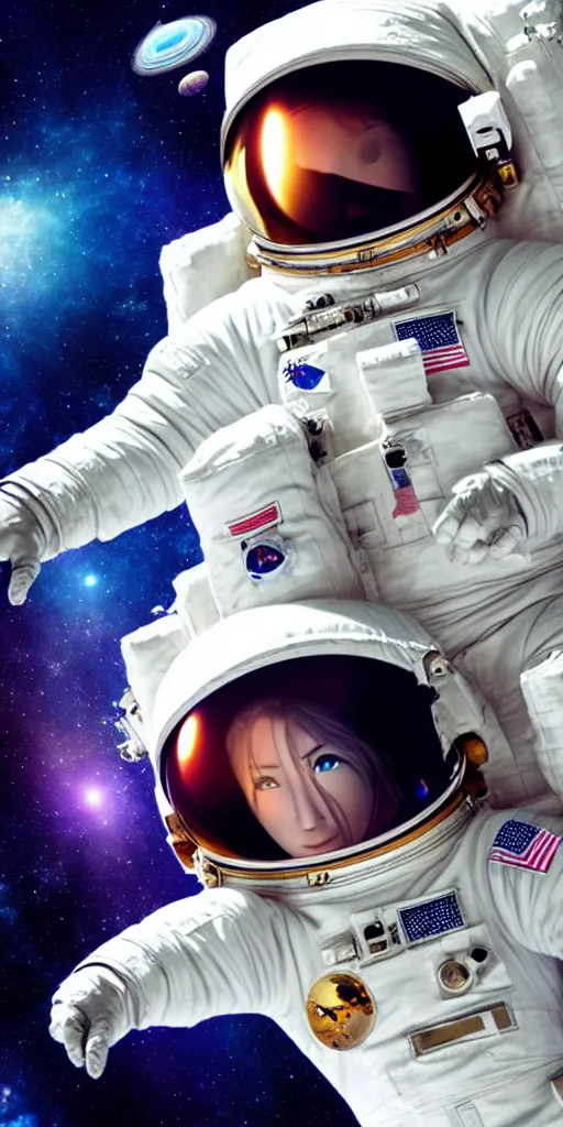 Image similar to female astronaut floating through space, liminal, lonely, anime movie, highly detailed