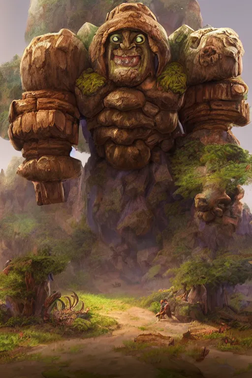 Image similar to zelda fantasy art giant golem troll wood rock greeble gemstone, global illumination ray tracing hdr fanart arstation by sung choi and eric pfeiffer and gabriel garza and casper konefal