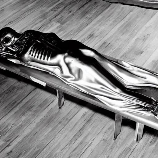 Image similar to dead alien lying on a metallic table. autopsy, black and white photo