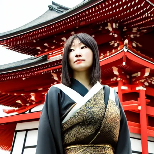 Image similar to photo of beautiful femal nina on top of a Japanese temple, night, cinematic, high detail, 8k,