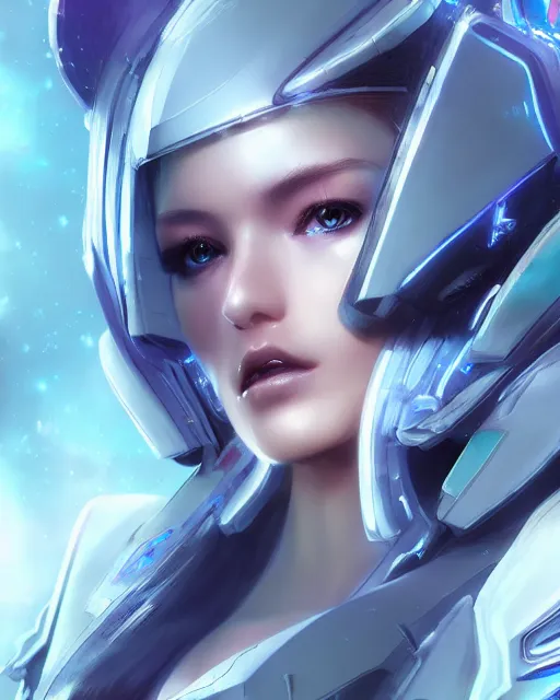 Image similar to perfect android girl on a mothership, warframe armor, beautiful face, scifi, futuristic, galaxy, nebula, raytracing, dreamy, long white hair, blue cyborg eyes, sharp focus, cinematic lighting, highly detailed, artstation, divine, by gauthier leblanc, kazuya takahashi, huifeng huang