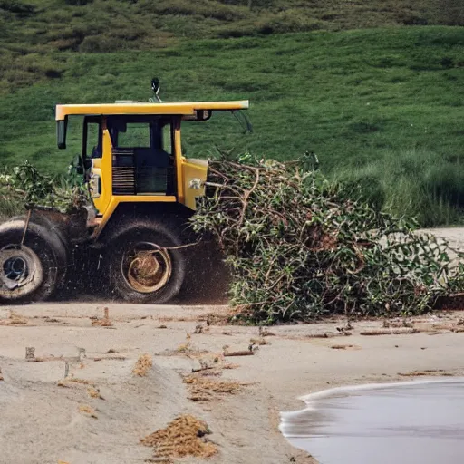 Prompt: lorenzo jovanotti on a bulldozer tearing down trees on a beach