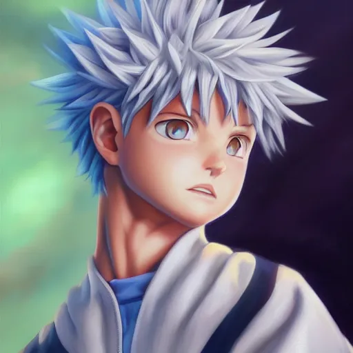 Prompt: an oil painting of a killua zoldyck, by artgerm, hd, hdr, ue 5, ue 6, unreal engine 5, cinematic 4 k wallpaper, 8 k, ultra detailed, high resolution, artstation, award winning