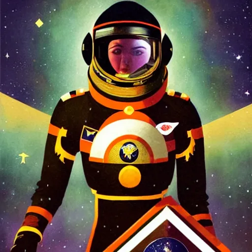 Prompt: an attractive and young and beautiful and female cosmonaut with a shiny black helmet and suit with geometric symbols staring at the camera with a gold layer and neon red trim and white trim and blue trim and purple trim and green trim and orange trim and planet and stars background by Greg Rutkowski and John Collier and Krenz Cushart and Artem Demura and Alphonse Mucha and Albert Aublet, as seen on ArtStation,a very high quality very detailed ink fine line illustration,4k