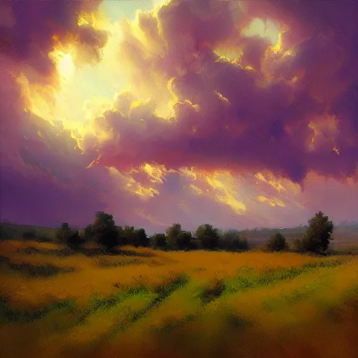 Prompt: scary purple clouds, illuminated by the sun, over a field, beautiful, eerie, craig mullins