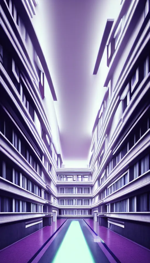 Prompt: a beautiful ultradetailed rendering of hotel corridor building by peter eisenman, bladerunner 2 0 4 9 thermal vision sunlight thermal imaging meadow vaporwave dramatic lighting tundra hyperrealism neon noir at night myst tron morning sun gem at dusk rain with sun, archdaily, wallpaper, highly detailed, trending on artstation.