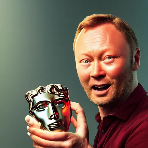 Image similar to limmy brian limond holding bafta award, realistic artstyle, wide shot, dramatic lighting, octane render, hyperrealistic, high quality, highly detailed, hd, beautiful, cinematic, 8 k, unreal engine, facial accuracy, symmetrical,