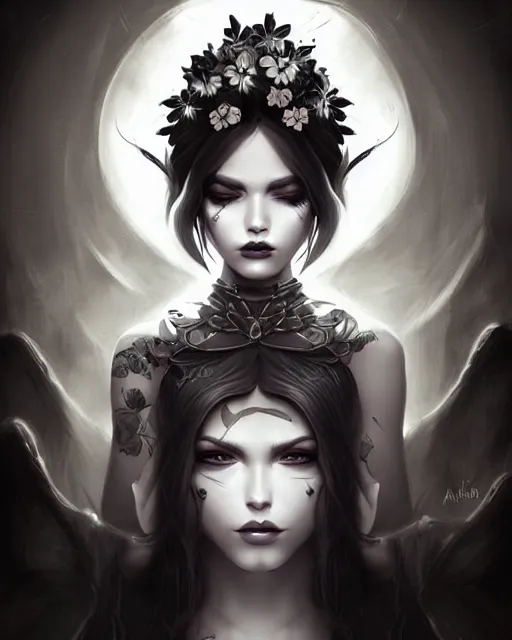 Prompt: Celestial mafia princess with flower face tattoos, fierce expression, dark fantasy portrait by Artgerm, artstation, noir, highly detailed, smoke, art nouveau, radiant light