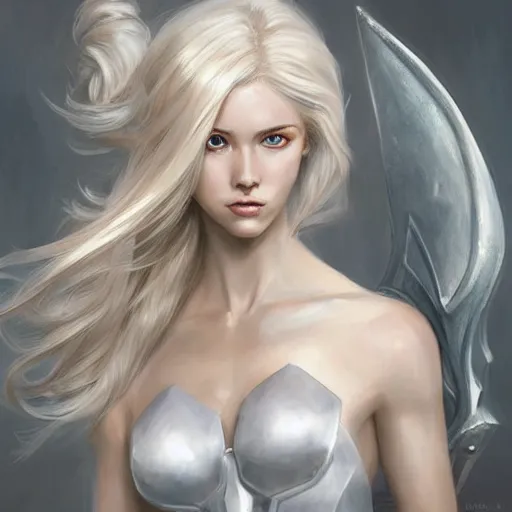 Image similar to fantasy woman, long blonde hair, white armor, highly detailed, perfect facial detail, beautiful, elegant, high fantasy, style of artgerm, rutkowski, giacometti,