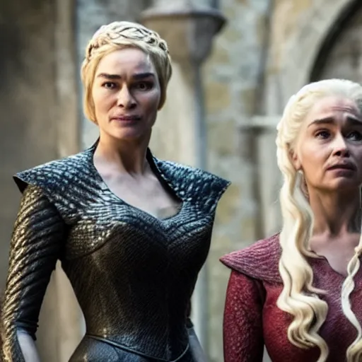 Prompt: an image of cersei lannister and daenerys targaryen talking suspiciously in kings landing