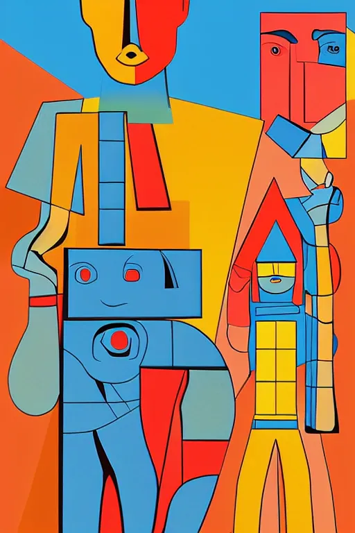 Image similar to cubist moai statue cutout digital illustration cartoon colorful beeple