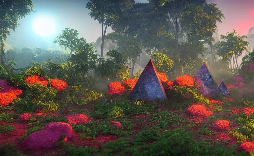 Image similar to a crystal tetrahedron!!! in the middle of ancient ruins in a lush prehistoric jungle, inside a humongous cave, red and magenta flowers, sunset, godrays, orange and blue sky, haze, volumetric lighting, a high - quality render, photorealistic, unreal engine 5