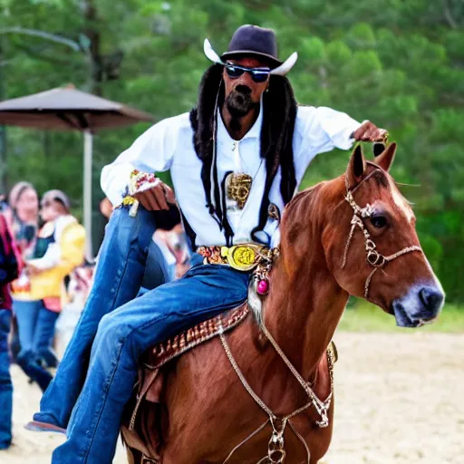 Image similar to snoop dog as a cowboy on horseback next to a clown