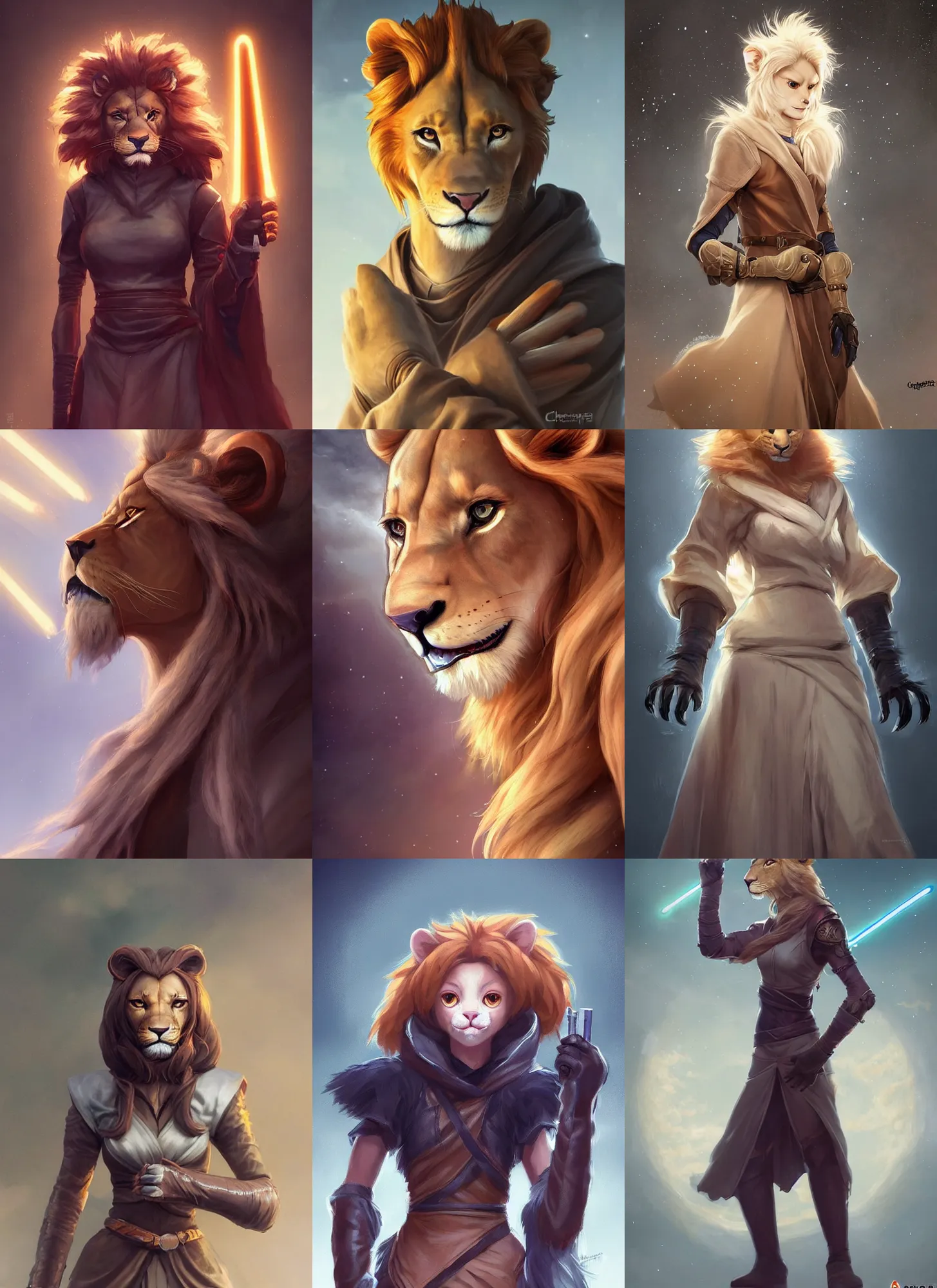 Prompt: beautiful portrait of a female anthropomorphic lion fursona wearing jedi robes looking like she wants to fight. leather gloves. character design by charlie bowater, ross tran, artgerm, and makoto shinkai, detailed, soft lighting, rendered in octane