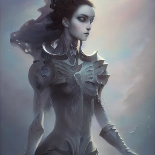 Image similar to by Tom Bagshaw, ultra realist soft painting of anime universe of curiosities, single female ghost mutation wearing a full gothic armor, partial symmetry accurate features, very intricate details, focus, curvy, award winning, ultra dense fog