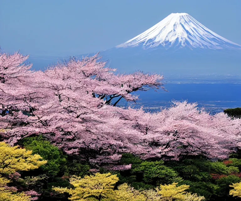 Prompt: mount fuji, japanese landscape with sakura trees, seen from a window of a train. beautiful! dlsr photo