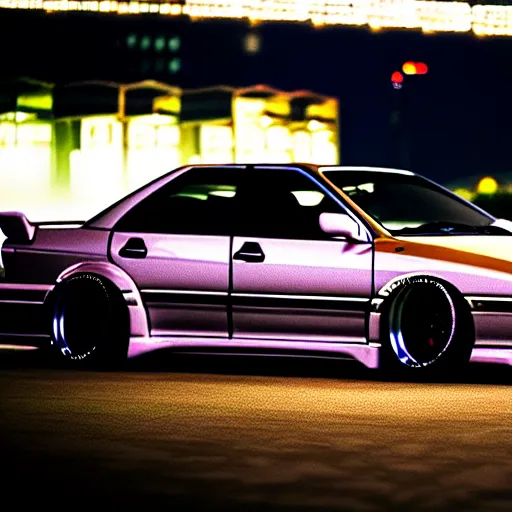 Prompt: a car JZX90 turbo drift at illegal car meet, Chiba prefecture, city midnight mist lights, cinematic color, photorealistic, highly detailed, work wheels, 200MM