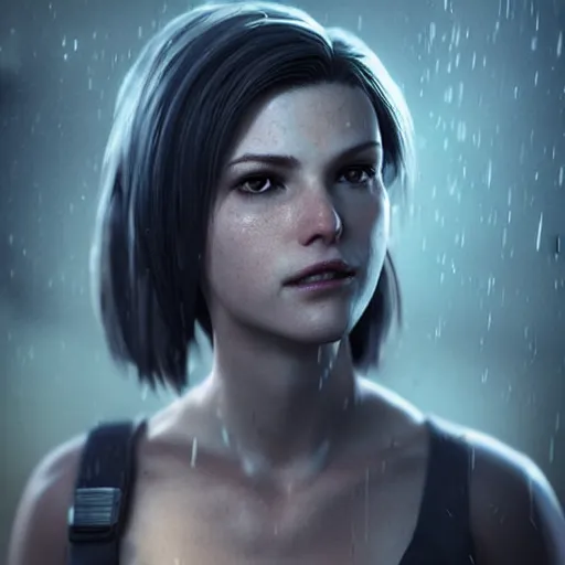 Image similar to Beautiful jill valentine in real life, face centered portrait, Confident, fog, rain, volumetric lighting, beautiful, golden hour, sharp focus, ultra detailed, cgsociety by Leesha Hannigan, Ross Tran, Thierry Doizon, Kai Carpenter,Ignacio Fernández Ríos