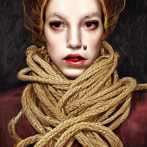 Image similar to portrait of a Shibari rope wrapped face and neck, headshot, insanely nice professional hair style, dramatic hair color, digital painting, of a old 18th century, Royal Emperor, amber jewels, baroque, Art Nouveaux, ornate clothing, scifi, realistic, hyper detailed, chiaroscuro, concept art, art by Franz Hals and Jon Foster and Ayami Kojima and Amano and Karol Bak,