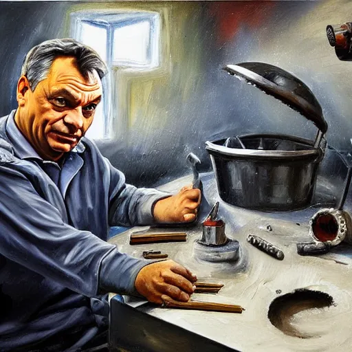 Prompt: viktor orban in a metal workshop, oil painting