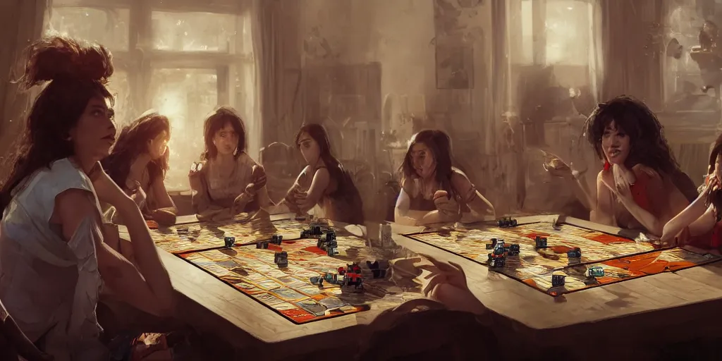 Image similar to Women playing board games at the apartment, Greg Rutkowski, Feng Zhu, trending on Artstation, 8K, ultra wide angle, establishing shot, pincushion lens effect, zenith view