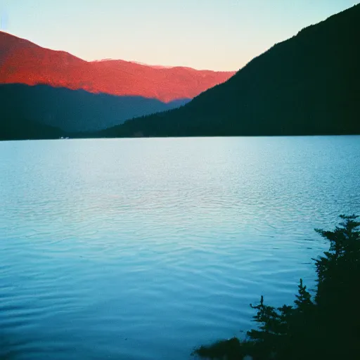 Image similar to sunset over the lake in the mountains, kodak portra 8 0 0