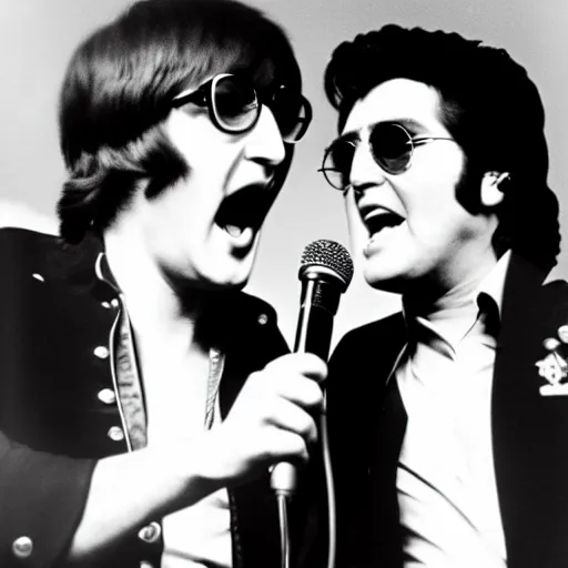 Prompt: john lennon and elvis singing together in the same microphone, concert photography from the 70s, bokeh, 4k