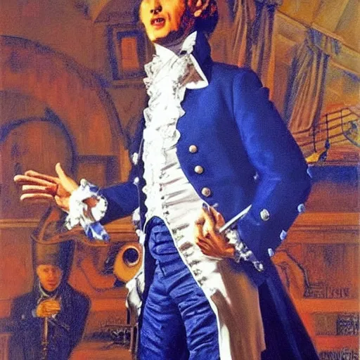 Image similar to Falco singer performing the song amadeus. Epic painting by James Gurney and Belén Ortega.