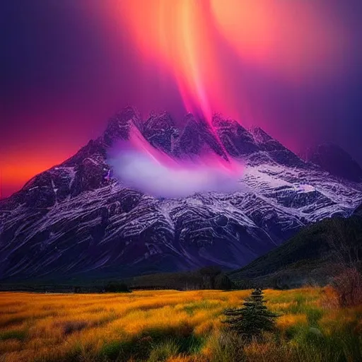 Prompt: amazing landscape photo of mountains in sunset with a purple tornado in the sky by marc adamus, beautiful dramatic lighting