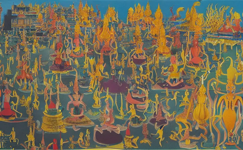 Image similar to photograph of sri lankan thai temple complex designed by yves tanguy, mark rothko, man ray, salvador dali, max ernst