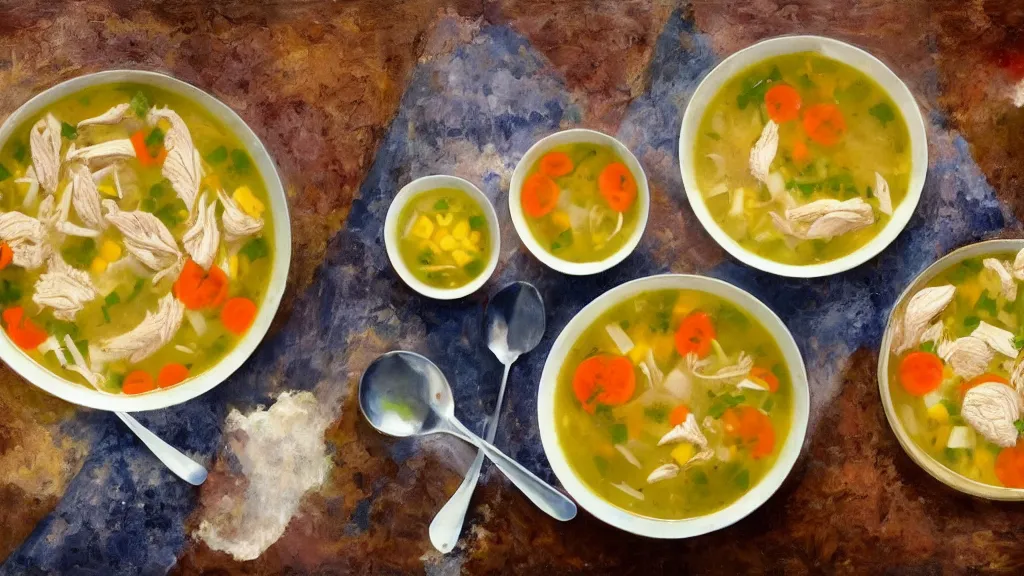 Image similar to A studio photo of a plate of tasty chicken soup; the most appetizing photo in the world; trending on artstation; oil on canvas; correct perspective; extraordinary masterpiece!!!!!!; 8k