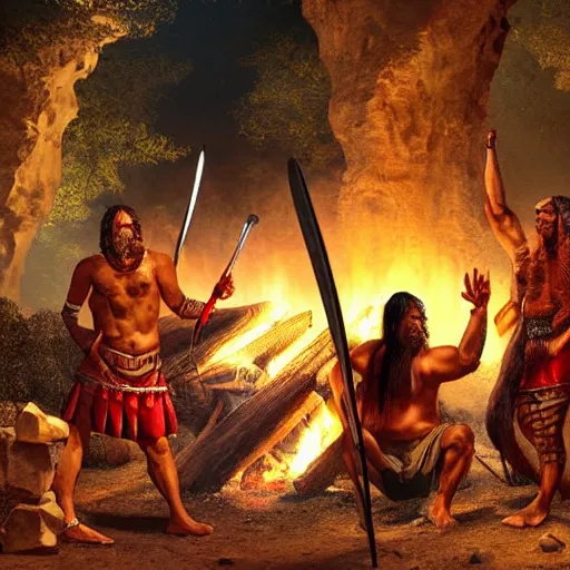 Image similar to tchno - neolithic warrior warlord preaching around the fire to a crowd, cave background, photorealistic hd,