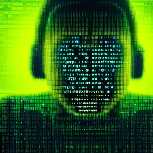 Image similar to close up portrait of cyber hacker plugged into computer, neon lights, pixel art