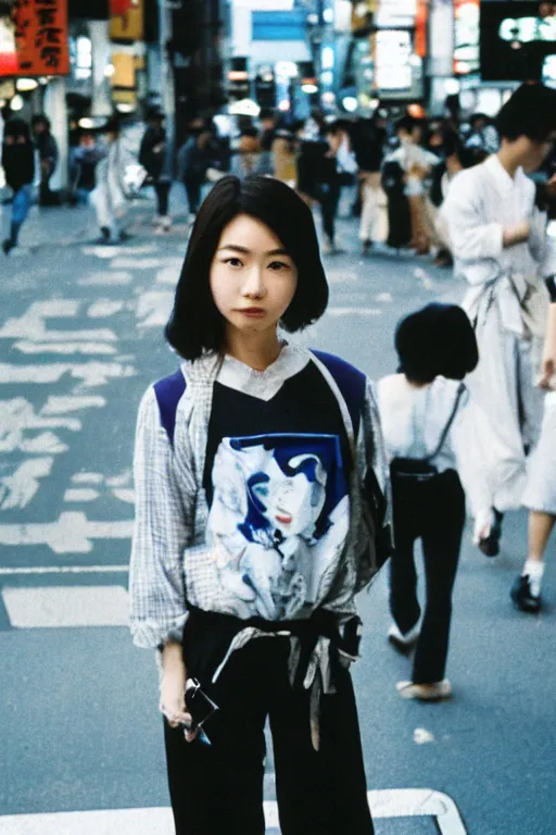 Image similar to a street fashion photograph of a young japanese woman in 9 0 s fashion, standing upright full - body shot, in tokyo akihabara, shot on cinestill 5 0 d with a canon 3 5 mm at f / 5. 6 lens, print magazine, photorealistic, nineties nostalgia, 4 k