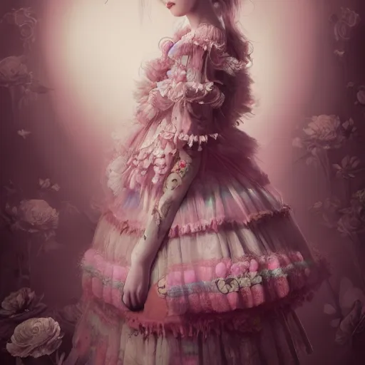 Image similar to 8 k, octane render, realism, tonalism, renaissance, rococo, baroque, cotton candy, portrait of a creepy young lady wearing long - harajuku manga - dress with flowers! and skulls